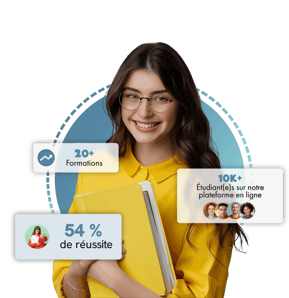 Accueil SELFORME - Étudiante souriante qui tient un classeur, des bulles annoncent : "20+ formations", "10k+ étudiant(e)s sur notre plateforme en ligne" et "54% de réussite"