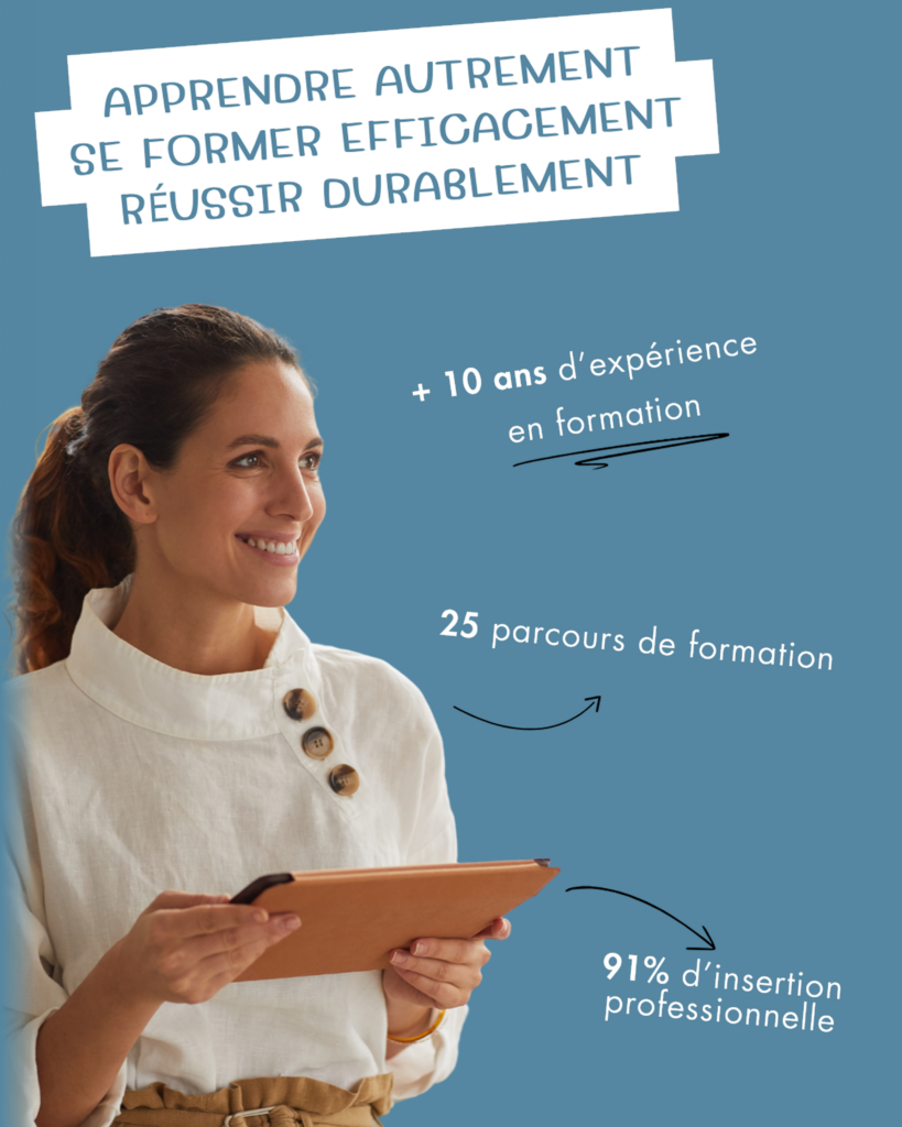 Femme souriante tenant une tablette, regard confiant vers le haut, vêtue d'un haut blanc à boutons en bois et d'une tenue camel, professionnelle et motivée