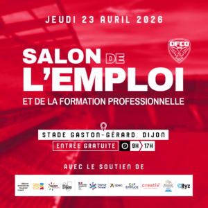 Affiche du Salon de l’Emploi et de la Formation Professionnelle le jeudi 23 avril 2026 au Stade Gaston-Gérard à Dijon, entrée gratuite de 9h à 17h, avec le logo DFCO et le soutien de nombreux partenaires institutionnels et locaux sur fond rouge.